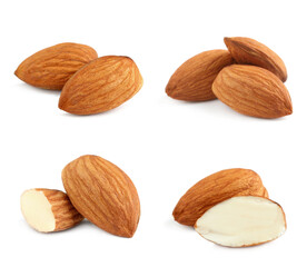 Set with tasty almond nuts on white background