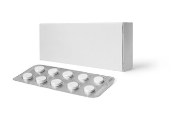 Empty Blank White Package Box for Blister of Pills Isolated on white Background. tablets pills with box packaging mockup template. 3d rendering.