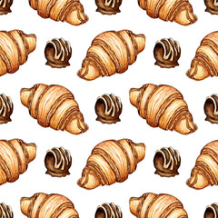 Watercolor painting croissant and chocolate candy pattern. Seamless repeating sweet food print. Suitable for packing and decorating confectionery and sweets. Isolated on white background. Drawn