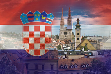 Zagreb cityscape panoramic view at old town center Croatian flag layer