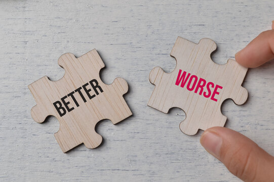 Wooden jigsaw puzzle with text BETTER and WORSE
