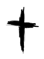 Hand drawn black grunge cross icon, simple Christian cross sign, hand-painted cross symbol created with real ink brush isolated on white background.