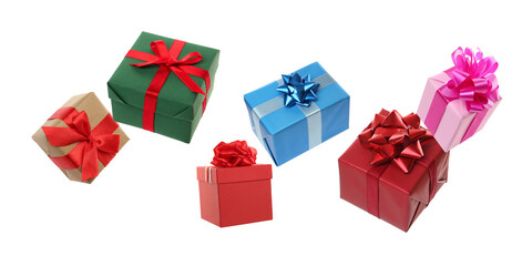 Beautifully wrapped gift boxes flying on white background