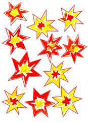 Red, yellow and orange stars on a white background