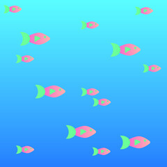 Naklejka na ściany i meble Gradient Background Pink Fish in the Blue Sea. Underwater world. A lot of small fish. Vector gradient background.