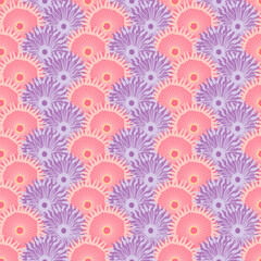 Fototapeta na wymiar seamless pattern with purple and pink round coral flowers. underwater world.