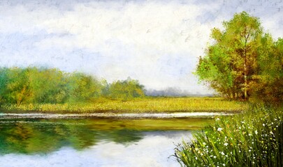 Summer landscape, morning in the forest. Oil paintings landscape with river, landscape with river and trees