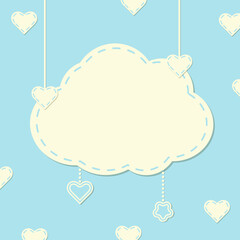 Children's background with the image of a cloud stitched with threads hanging on the strings. 3 D. Vector illustration.