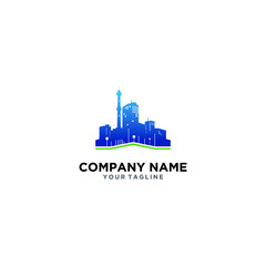 The concept logo of several buildings in the middle of the city with a tower and elegant colors, perfect for your company icon