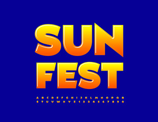 Vector bright poster Sun Fest. Glossy Alphabet Letters and Numbers set. Creative trendy Font
