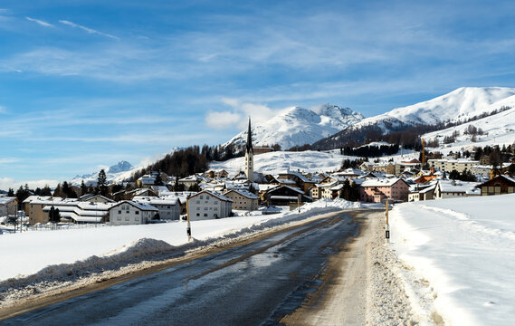Zuoz near St. Moritz is a beautiful village in the winter sports area of the Swiss canton of Grisons, Switzerland