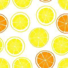 Lemon orange summer pattern. Seamless vector with slice of citrus fruits. Juicy, sour fruits lemonade, orange juice. For cocktail, print.