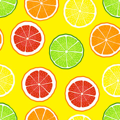 Orange, grapefruit, lemon, lime summer pattern. Seamless vector with slice of citrus fruits with yellow background. Juicy, sour fruits. For cocktail, print.