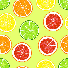Lemon orange, lime, grapefruit summer pattern. Seamless vector with slice of citrus fruits. Juicy, sour fruits lemonade, orange juice. For cocktail, print.