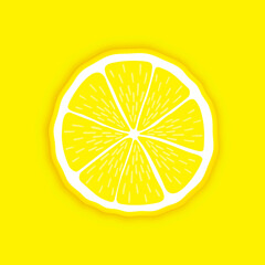Vector fresh ripe round slice of lemon fruit. Healthy food. Colorful citrus yellow background.