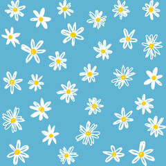 Chamomile  floral pattern in small white flowers. Floral seamless background of daisy for fashion prints. Seamless vector texture. Spring bouquet in sketch style on blue.