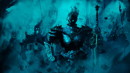 A death knight in armor and with a sword leads the forces of the undead to battle. Behind him are sinister spirits and ghosts, thirsty for the blood of living people. 2D illustration  - obrazy, fototapety, plakaty