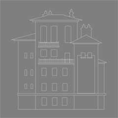 Minimalist monochrome house white linear design isolated on grey background. landscape outline vector illustration.