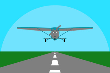 Image of general aviation or local airlines airplane landing or takeoff, flat style illustration. - obrazy, fototapety, plakaty