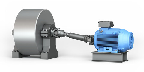 Flywheel is connected to the electric motor via a cardan shaft. Rotation of the rotor. Torque transmission. 3D rendering