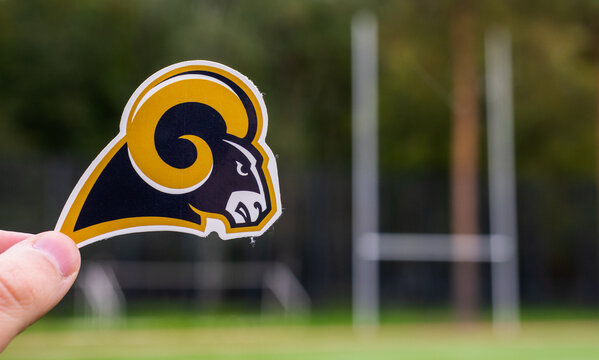 September 16, 2021, Los Angeles, California. Emblem of a professional American football team Los Angeles Rams based in the Los Angeles metropolitan area at the sports stadium.