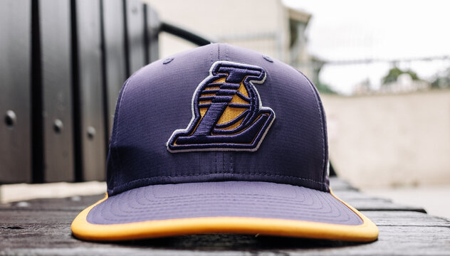 September 9, 2021 Moscow, Russia. Cap with Los Angeles Lakers basketball team logo.