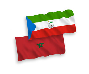 Naklejka premium National vector fabric wave flags of Republic of Equatorial Guinea and Morocco isolated on white background. 1 to 2 proportion.