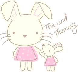 Can be used for baby t-shirt print, fashion print design, kids wear, baby shower, celebration, greeting and invitation. Mother and baby bunnies holding hands.