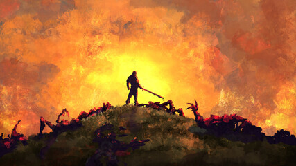 A monster hunter stands on a hill among the defeated creatures with a bloody sword in the background of the dawn of the sun. 2D illustration 