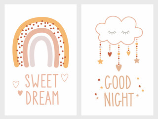 Set of cute baby shower cards with rainbow, cloud, and calligraphy quotes. Vector illustration for kids bedding, fabric, wallpaper, invitations, posters.