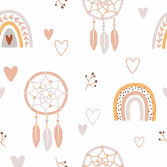 Seamless pattern with the cute dreamcatcher and rainbow. Childish print for nursery in a Scandinavian style for baby clothes, interior, packaging. Vector cartoon illustration in pastel colors.