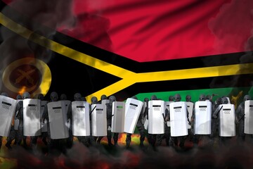Vanuatu police guards in heavy smoke and fire protecting order against revolt - protest fighting concept, military 3D Illustration on flag background