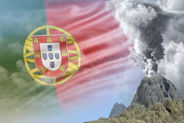 conical volcano eruption at day time with white smoke on Portugal flag background, problems of disaster and volcanic ash concept - 3D illustration of nature