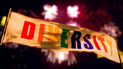 Diversity banner or transparent on firework holiday sky bg - object 3D illustration