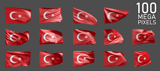 Turkey flag isolated - various images of the waving flag on grey background - object 3D illustration