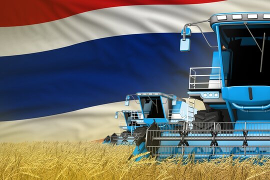 industrial 3D illustration of three blue modern combine harvesters with Thailand flag on wheat field - close view, farming concept