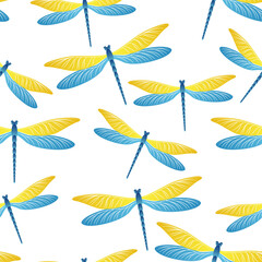 Dragonfly cute seamless pattern. Spring clothes fabric print with darning-needle insects. Graphic