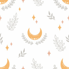 Seamless pattern with the cute moon, stars, branches, and leaves. Childish print for nursery in a Scandinavian style for baby clothes, interior, packaging. Vector cartoon illustration in pastel colors