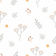 Seamless floral pattern with cute stars, branches, and leaves. Childish print for nursery in a Scandinavian style for baby clothes, interior, packaging. Vector cartoon illustration in pastel colors.