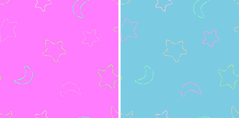 Can be used for baby t-shirt print, fashion print design, kids wear, baby shower, celebration, greeting and invitation. Seamless moon and star pattern.