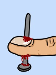 nail pounding finger cartoon on blue background
