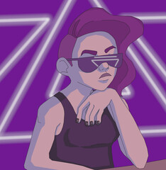 a beautiful girl with purple hair shaved by one weight in a black T-shirt in neon sits in a bar leaning on her hand in black glasses in the style of cyberpunk