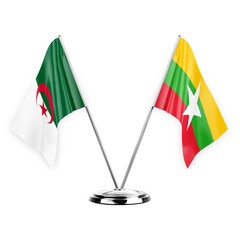 Two table flags isolated on white background 3d illustration, algeria and myanmar