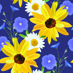 Flower pattern, flowers of sunflower,  chamomile, flax, flowers and blossoms linen close up on dark blue background in a random arrangement square format, seamless texture, EPS 10 vector.