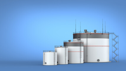 Oil tanks on a blue background with copy space. Oil storage. Four industrial tanks. 3d illustration
