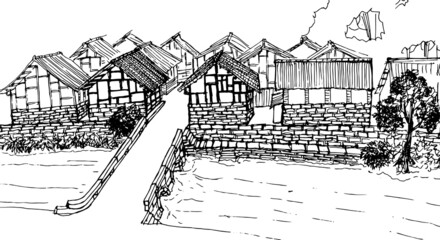 Vector illustration of old bridge and old wooden houses.