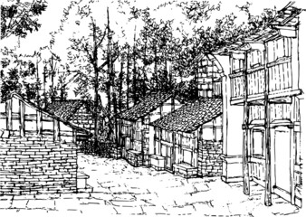 Old construction in Chinese countryside. Hand drawn sketch illustration in vector.