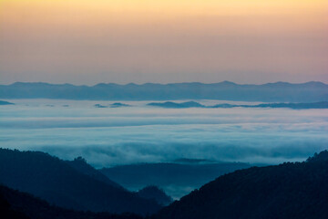 Morning fog in dense tropical rainforest ,Misty forest landscape at Salavin national park