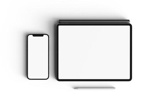 White Screen Tablet And Smartphone Similar With IPhone And IPad Blank Mockup To Showcase Your Design App, Web, Social Media.