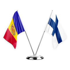 Two table flags isolated on white background 3d illustration, andorra and finland